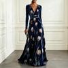 Abito da sera elegante da donna con scollo a V, stampa floreale, in velluto, a maniche lunghe, con vita sagomata