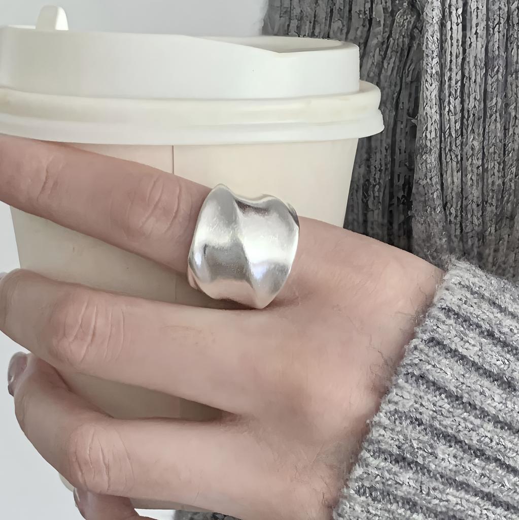 PANJBJ 925 Silver Frosting Geometry Ring for Women Wide Texture Versatile Handmade Ins Jewelry Gift