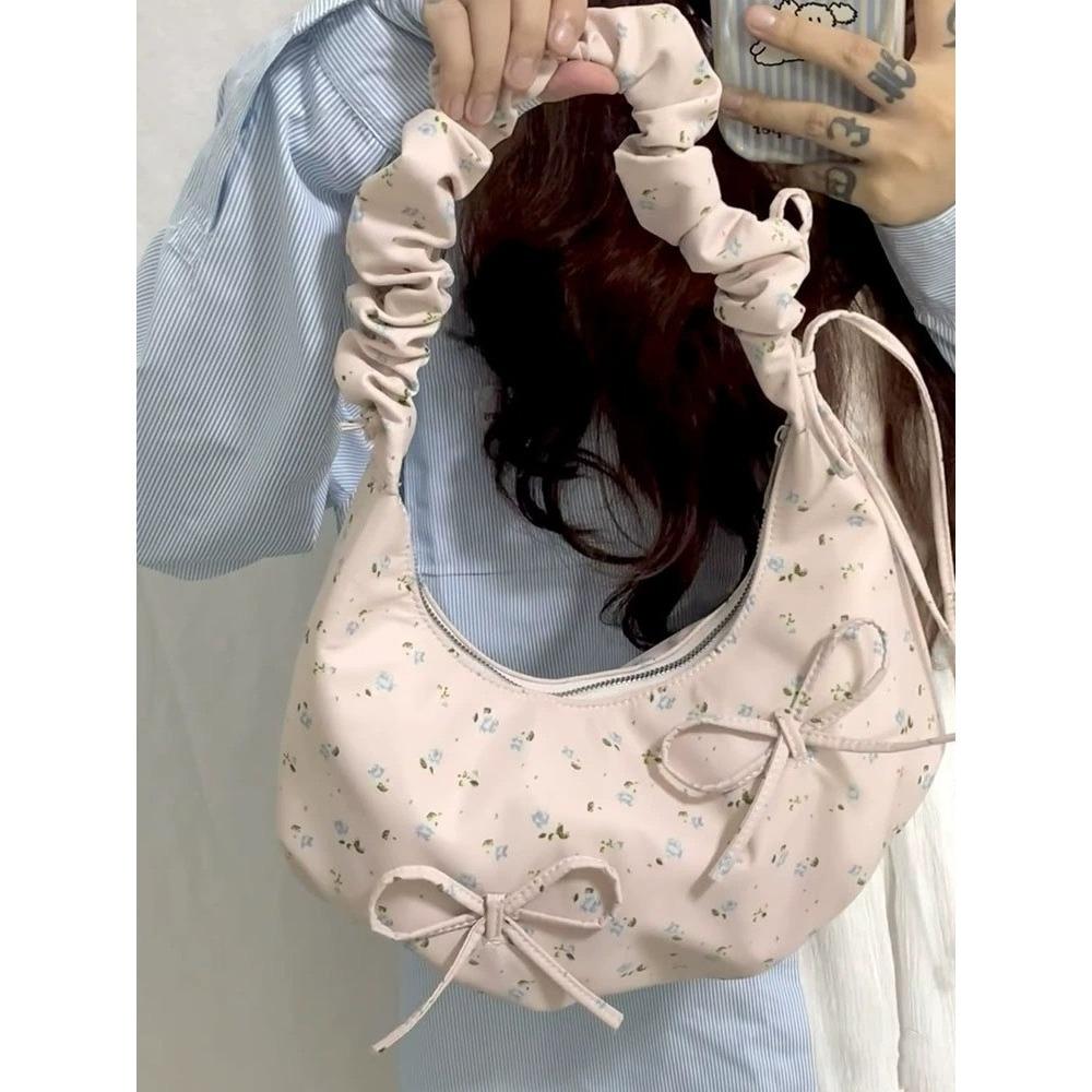 New Small Fresh Floral Shoulder Bag Drawstring Portable Pleated Dumpling Bag 2025 New Lazy Wind Underarm Women's Bag