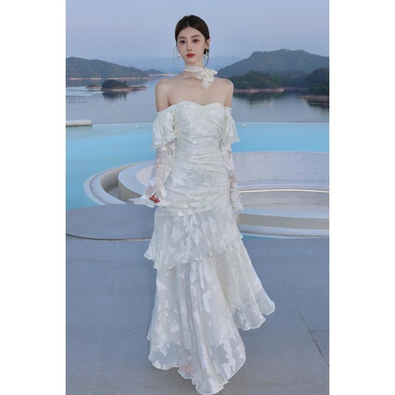 French Mermaid Ji Butterfly Jacquard Dress Lotus Leaf Edge Long Sleeve Light Luxury Dress
