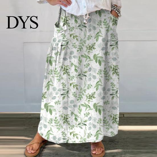Women Summer Skirt Maxi Elastic Waist Flower Leaf Printed Casual Bohemia Style A-Line Loose Bubble Beach with Pockets A-line