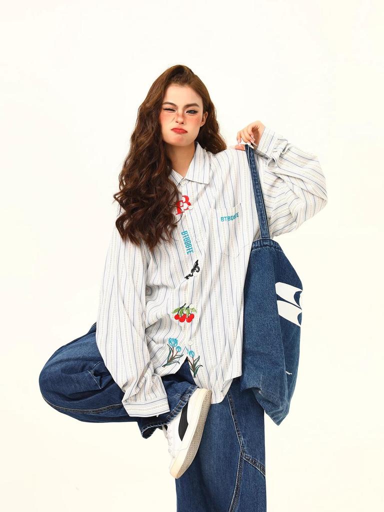 Women's 2025 Artistic Striped Embroidered Long Sleeve Shirt - Retro, Loose, Versatile for Spring & Autumn