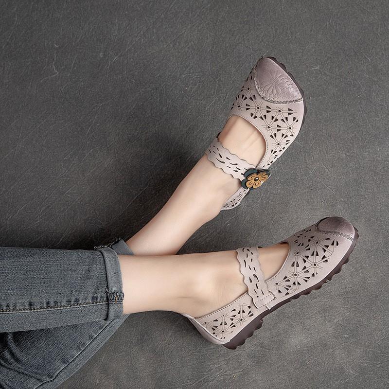 Johnature Duté sandály s plochým dnem z pravé kůže Retro univerzální dámská obuv s měkkou podrážkou