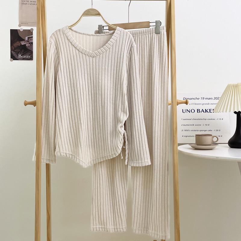 2025 Korean Women's Pajamas with Bra Pads: Knitted Long Sleeve & Pants, Plus Size, for Spring, Autumn, Winter