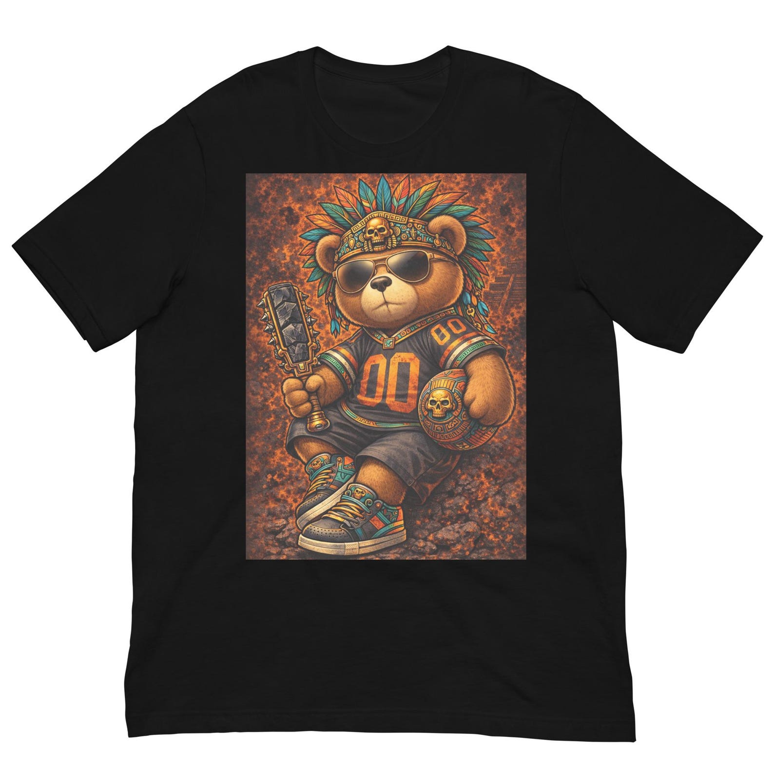 Aztec Teddy Bear Warrior T-Shirt, Tribal Bear Graphic Tee, Streetwear Bear Character Shirt S
