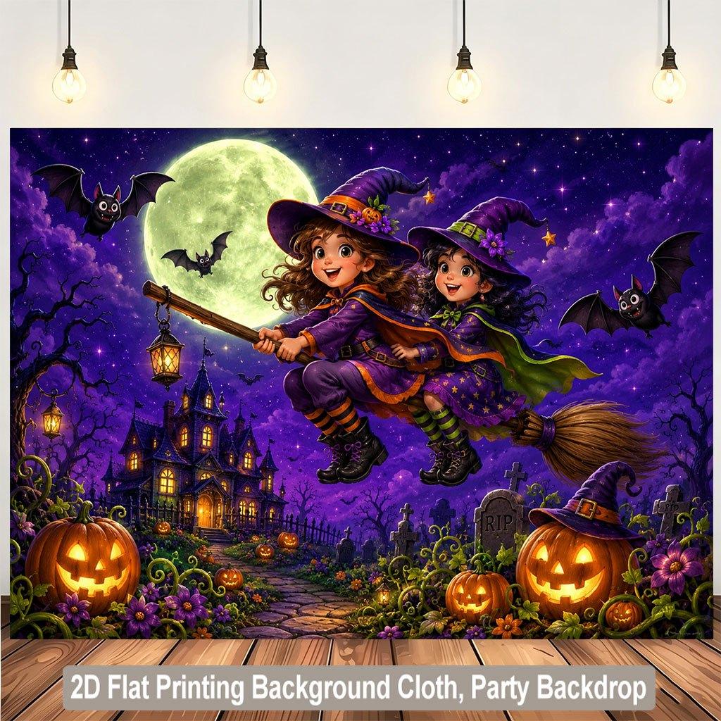 2D flat background fabric background fabric for the scene of a witch flying on Halloween night wooden wall panel.PMJ