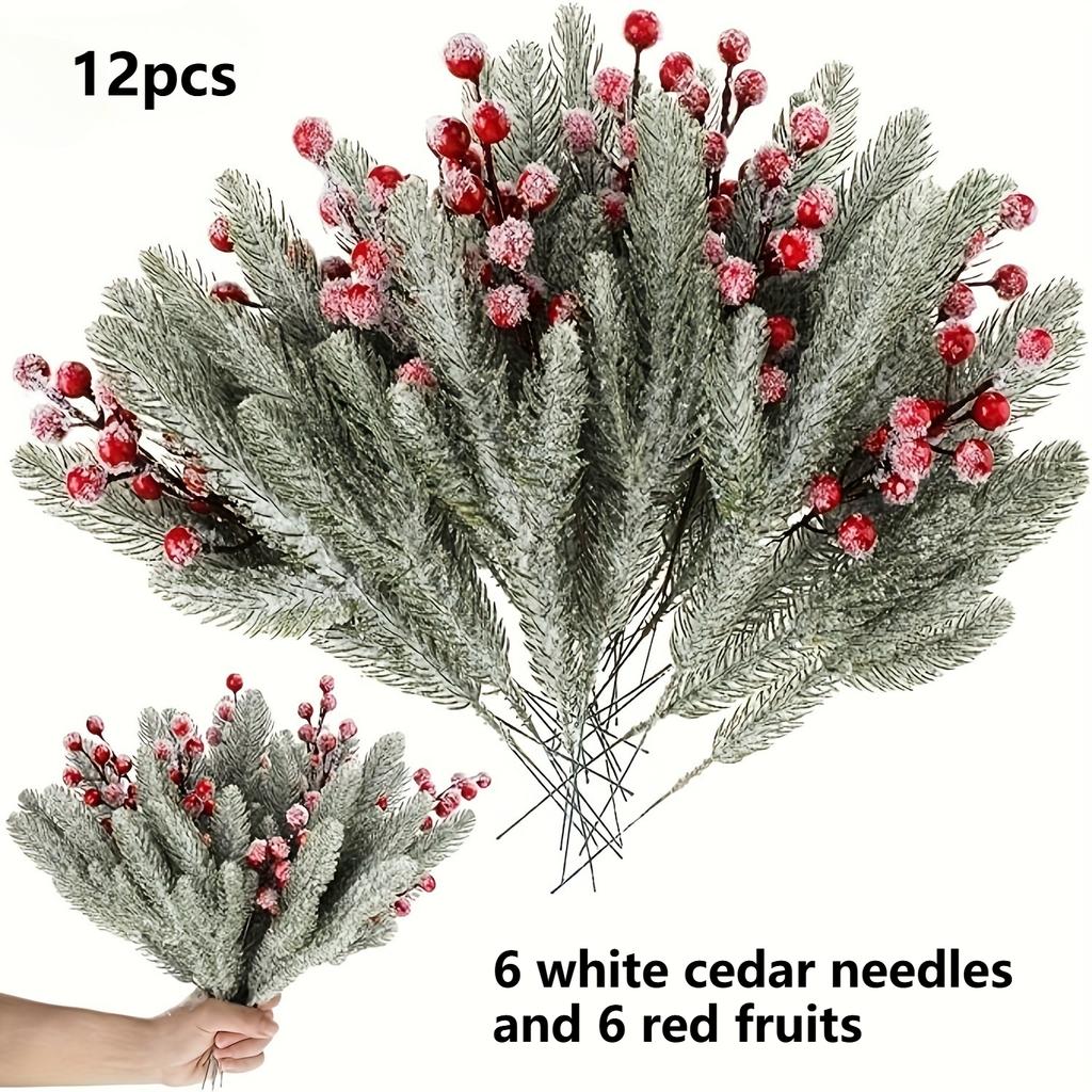 12pcs Christmas Artificial Cedar Branches And Artificial Red Plum Branches Holly Berry Set, for Holiday Wreaths, Tree Decoration