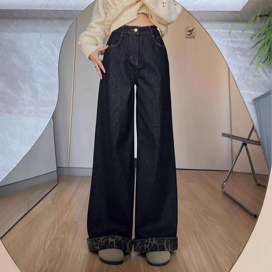 

Comfortable Rolled Splicing Leopard Jeans Female Large Size Cover Meat Loose High-waisted Straight Mopping Black Wide-legged Trousers Long Denim Pants 4XL
