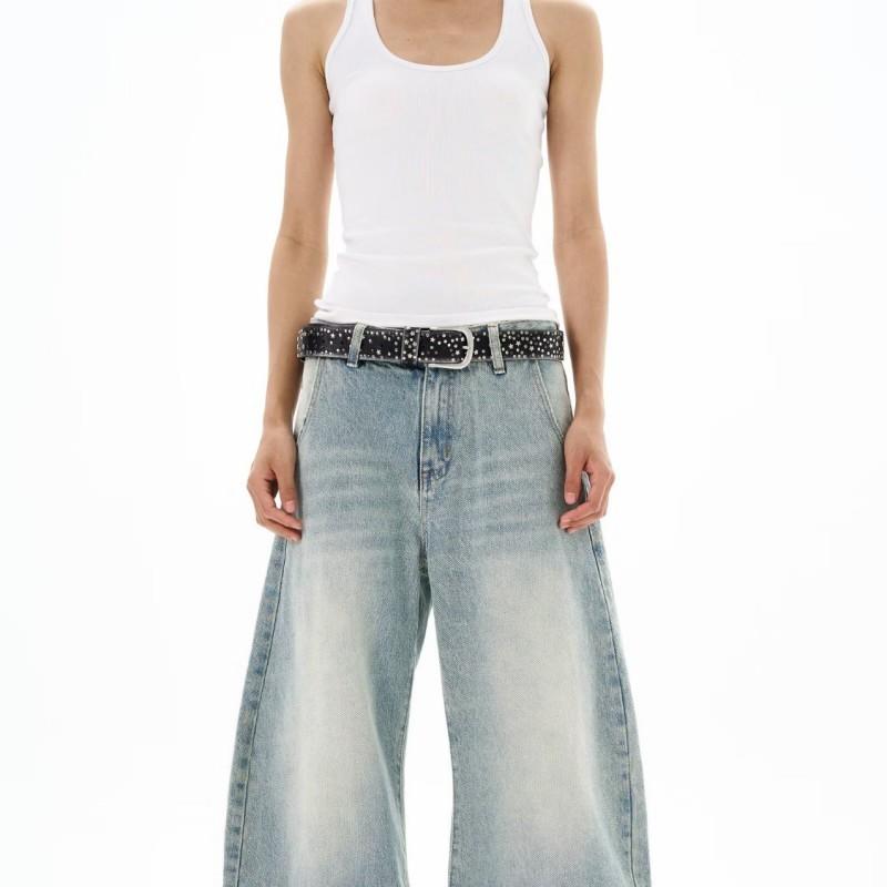 Mens Relaxed Fit Wide Leg Straight Cut Denim Jeans Water Washed Vintage Style Casual Pants