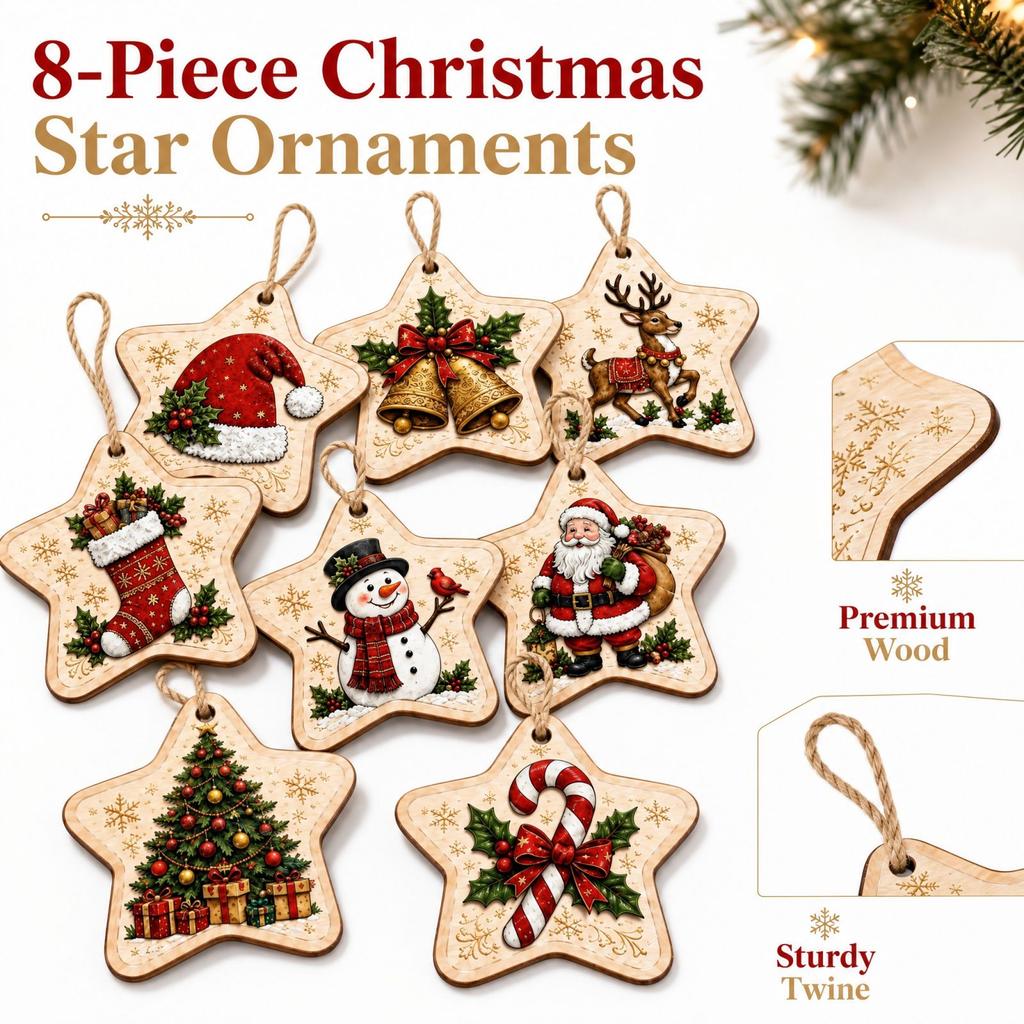 8-Piece Wooden Star Christmas Ornament Set, Vintage Wood Hanging Tags for Christmas Tree and Holiday Decor