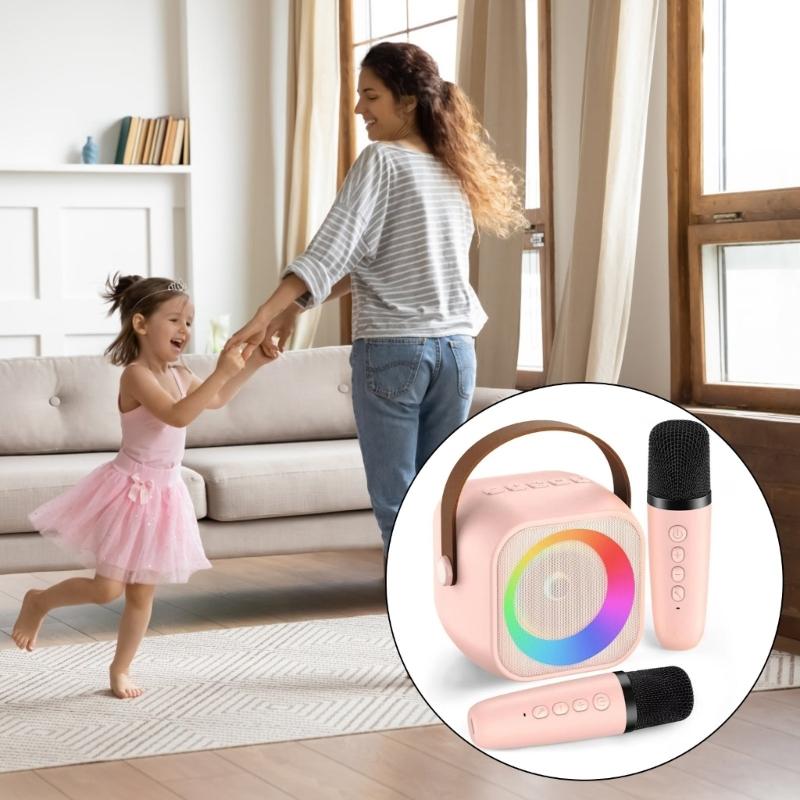 Karaoke Machine For Kids Mini Bluetooth-compatible Speaker with 2 Wireless Microphones Karaoke Kit With LED Light