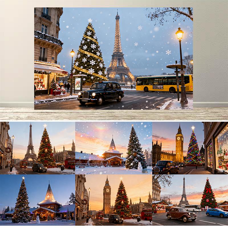 Dewprint Christmas Eiffel Tower Big Ben Santa's House Europe Nordic Travel Backdrop Xmas Tree Snowman Holiday Party Photo Props