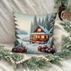1pc Pillowcase, Christmas Snowy Cottage Scene, Printed Festive Theme Cushion Cover with Hidden Zipper, Suitable for Sofa, Living Room, Office, Home De