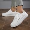 [Luxury Sneakers] High Quality Women's White Casual Sneakers | Comfortable Low-Top Lace-Up Skate Shoes with Golden Accents, Breathable for All Seasons