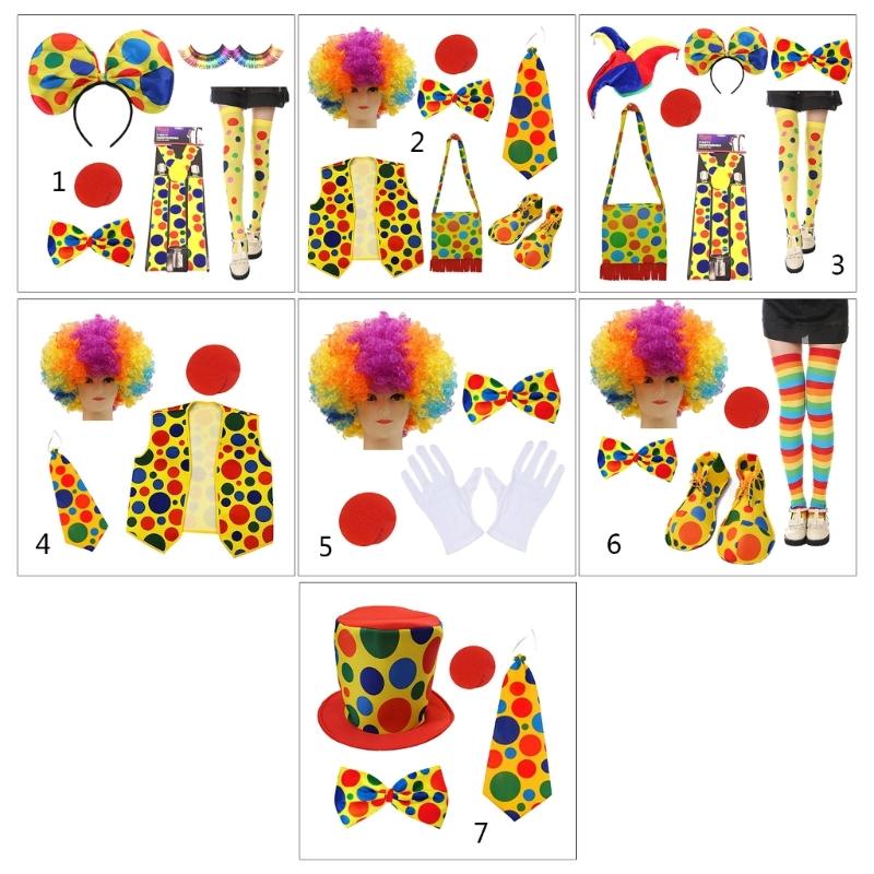 Clown Roleplay Cosplay Costume Outfit Set Halloween Clown Dress Up Gloves Necktie Gloves Vest Suspenders Stockings Bag