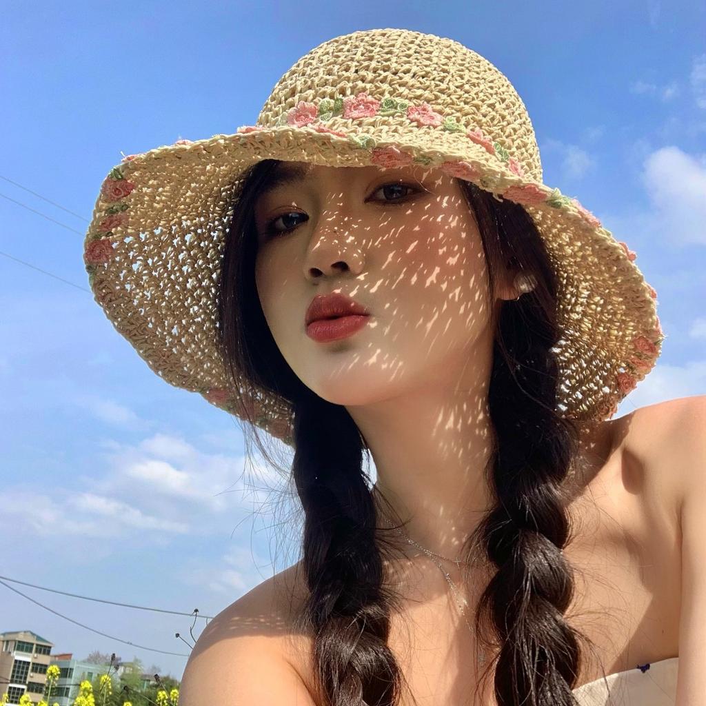Pastoral style~ summer woven straw hat women's seaside vacation sunshade small flower sun straw hat foldable