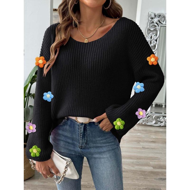 Women's Autumn/winter Hand-hooked Floral Patchwork Sweater with Simple Loose One-line Neck Off-the-shoulder Flared Sleeves