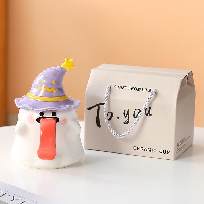 Weird Ghost Mug with Lid Ceramic Cup Gift Box Halloween Cup Souvenir Birthday Gift Water Cup