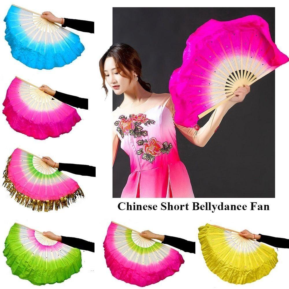 30cm Bamboo Chinese Short Bellydance Fan 5 Colors 10 Styles Bamboo Fans 15cm Half Circle Silk Hand Dye Adults Fan