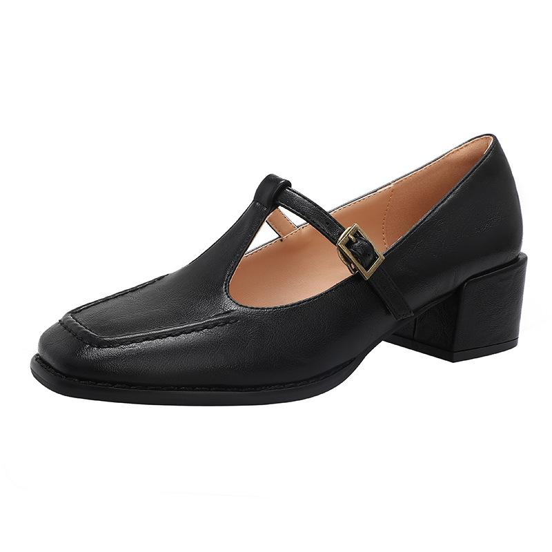 Retro Firkantet Tykk Hæl Mary Jane Sko Elegante Damesko En-stropp Pendlersko Mykt Skinn T-formet Lavskårede Enkelsko