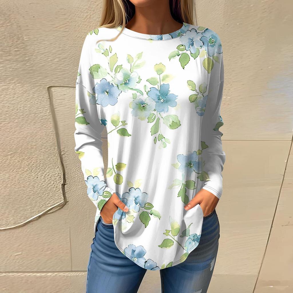 Women's Fashion Casual Round Neck Floral Long Sleeve T-shirt Pullover Long Sleeve Top
