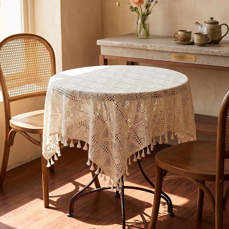 Amerikanischer Stil Rutschfeste Häkelspitze Runde Tischdecke, Retro Kaffeetischdecke, Staubdichter Polyester-Baumwoll-Schrankprotektor