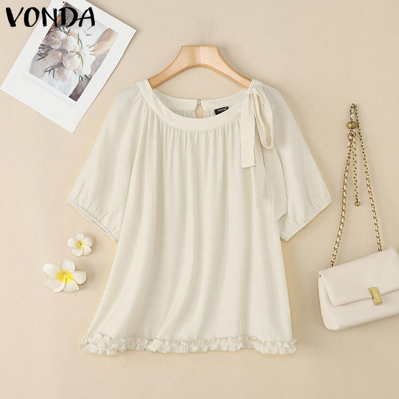 

VONDA Women Elegant Puff Sleeve Bow Knot Ruffled Semi-Sheer Casual Blouse 5XL абрикосовый