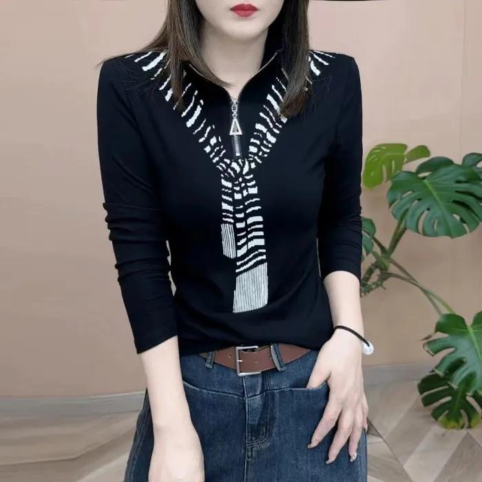 Women's Spring/Fall Elegant Collared Zipper Base Layer Top Loose-Fit Slimming Long-Sleeve T-Shirt