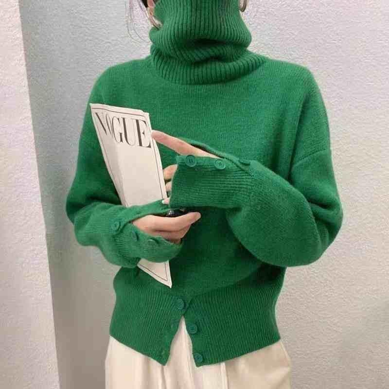 Autumn Winter New Turtleneck Long Sleeve Pullover Sweater for Women Elegant 2025 Fashion Loose Hem Button Sweaters Office Casual Knit Top Clothing