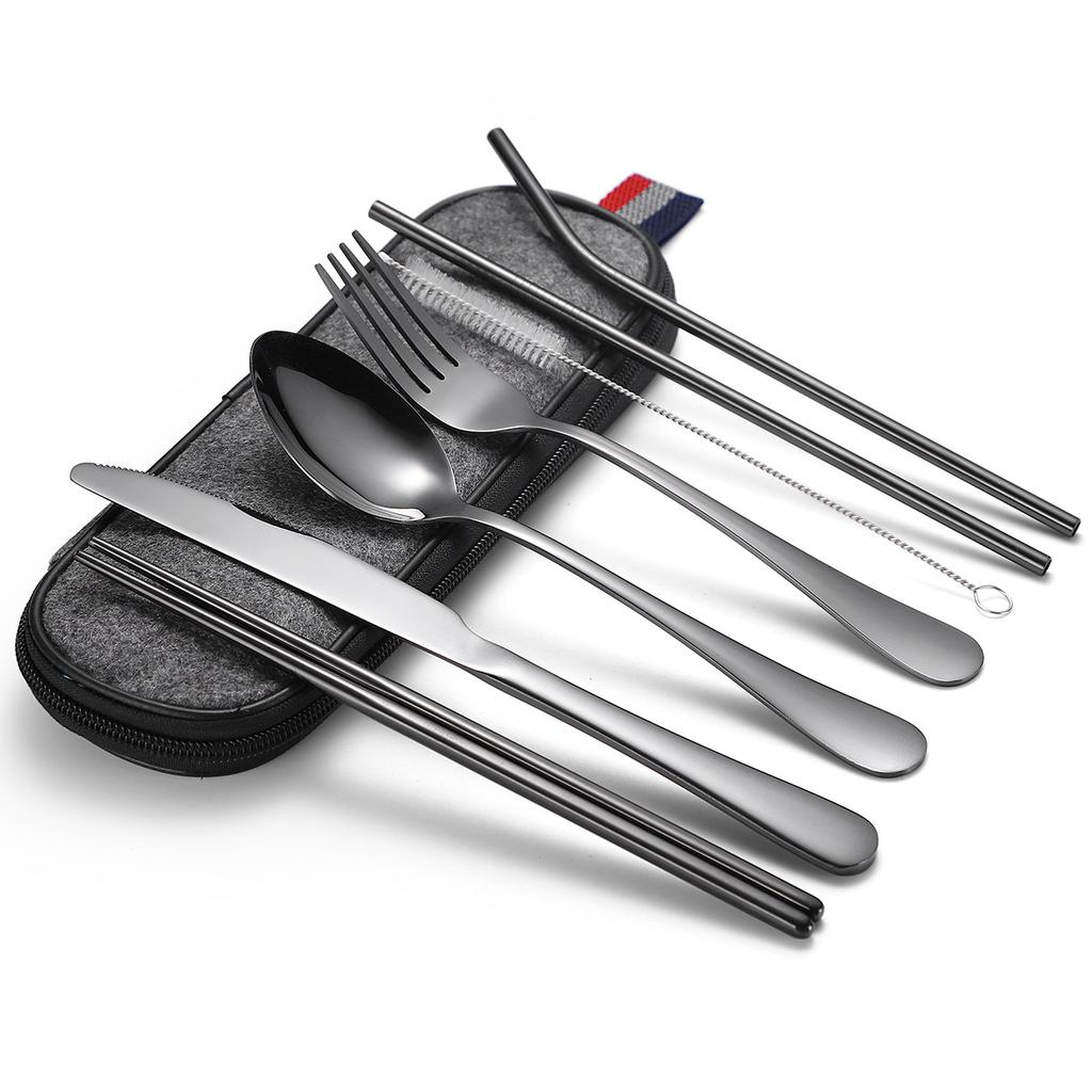 Stainless Steel Tableware Set, Portable 7-piece Set, Knife, Fork, Spoon, Chopsticks, Straw, Camping Supplies Storage, Cross-border Durability 2026