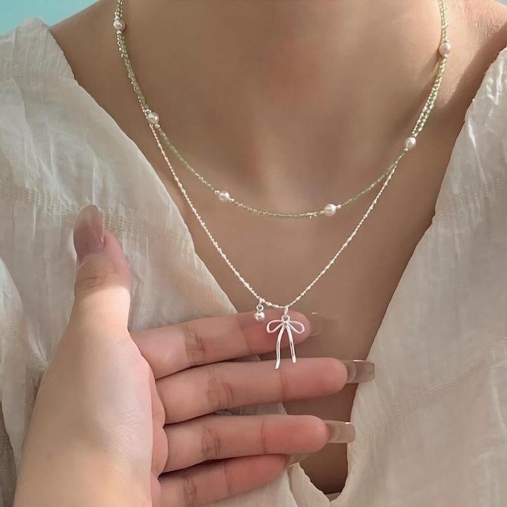 Women's Silver 925 Pearl Olivine Peridot Ribbon Necklace