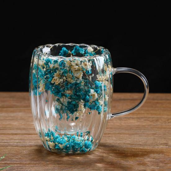 Double-Walled Glass Mug with Dried Flowers 250/350ml Heat Resistant Handle Coffee Cup for Hot Drinks Unique Artistic Glassware