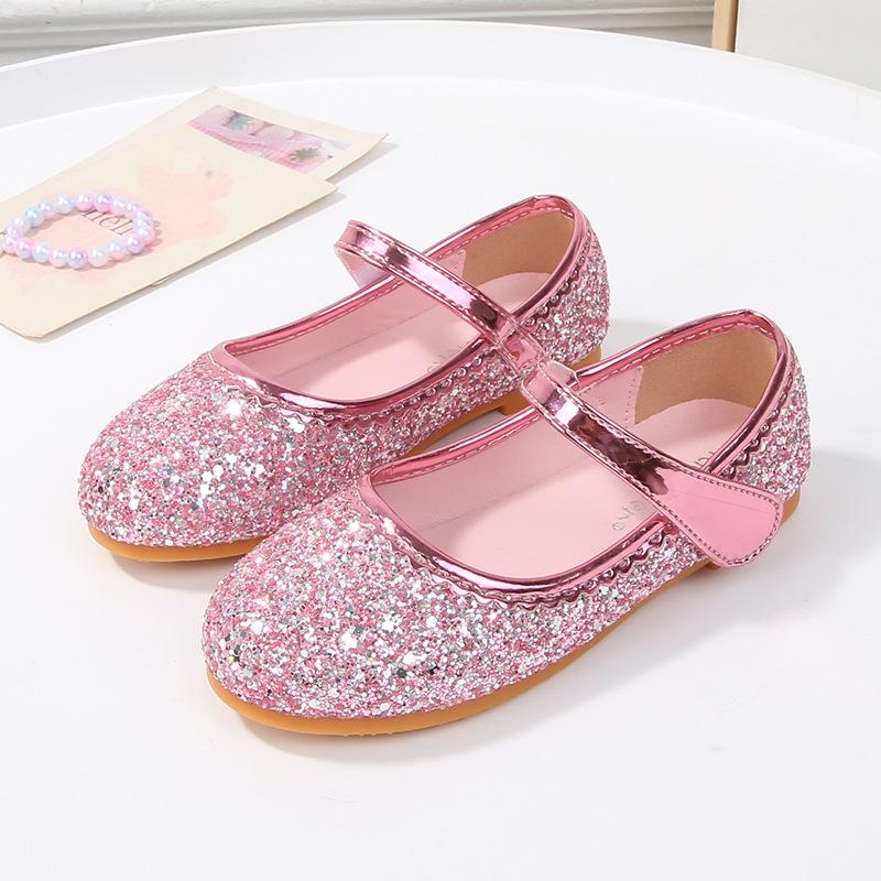 

2026 Spring New Flat Bottom Girls Princess Shoes Children s Single Shoes Little Girls Leather Shoes Fashion Elsa Classmate Sequins 35 yards/21.5cm рожевий