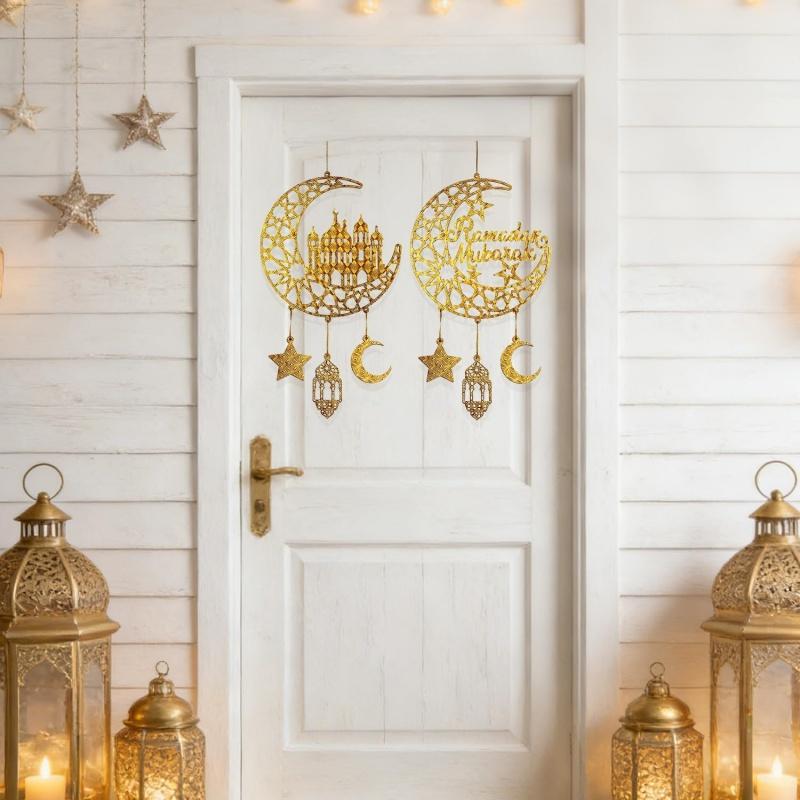 Eid Mubarak Moon Star Mosque Wooden Hanging Ornaments Kareem Ramadan Decorations