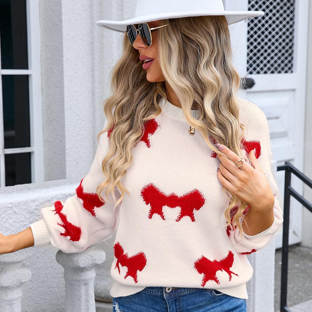 Autumn and Winter Women's Pullover Round Neck Long Sleeve Knit Bowknot Sweater