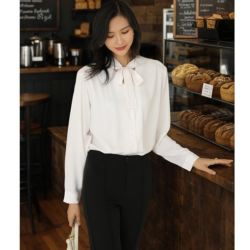 2026 Spring New Elegant White Shirt for Women, Versatile Commuting Shirt with Draped Ribbons
