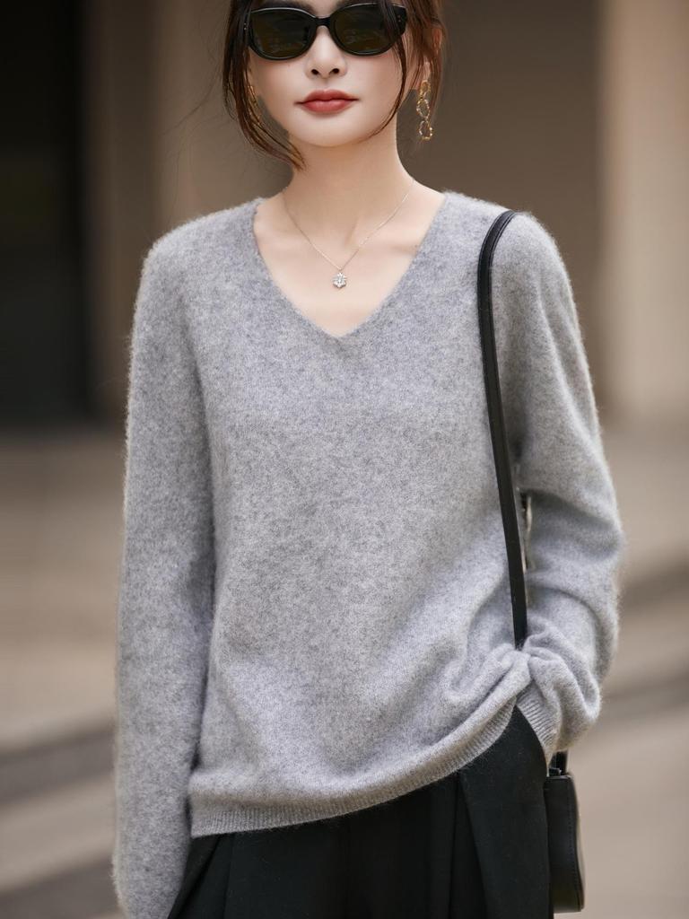 Women's V-neck Cashmere Wool Blend Long Sleeve Knit Pullover Sweater