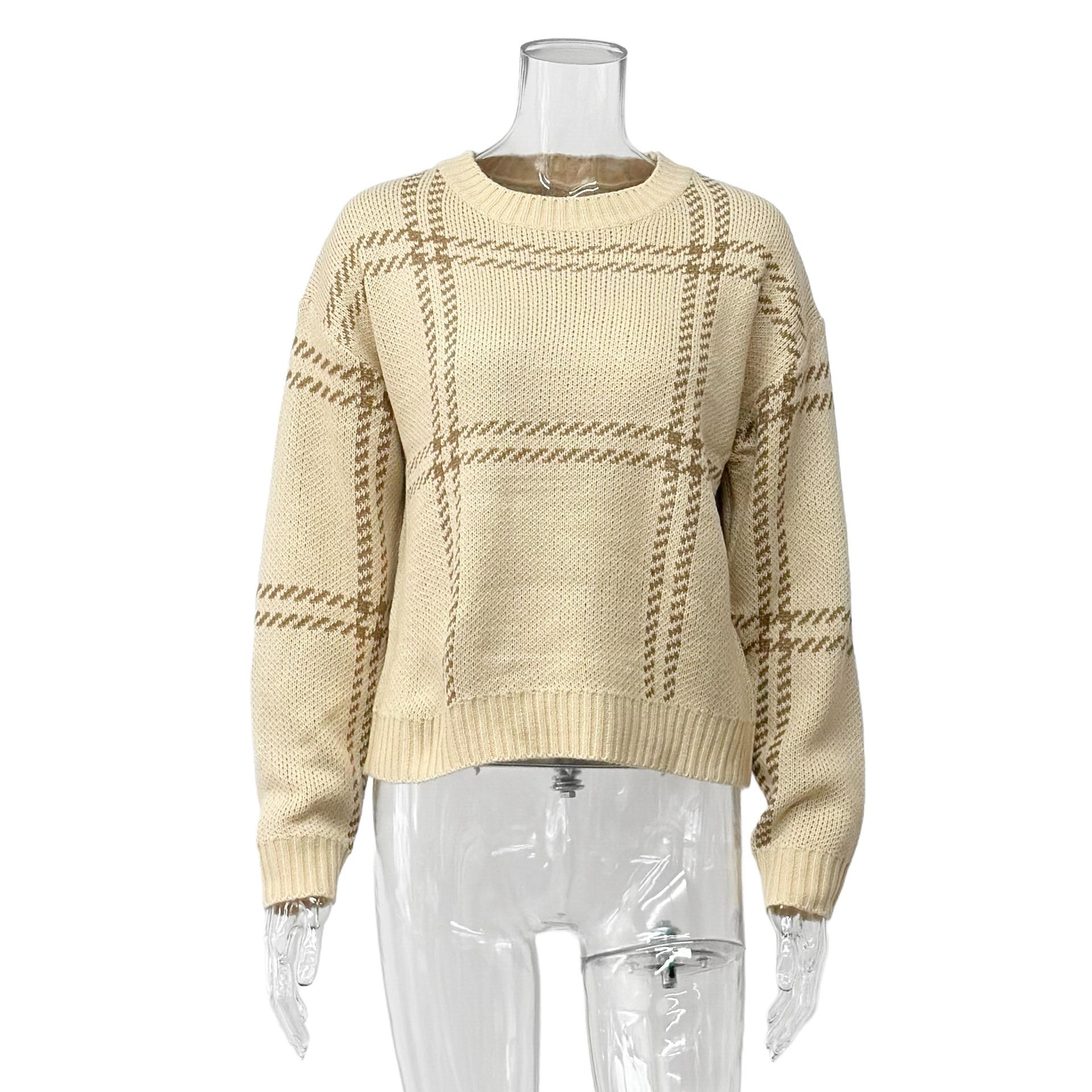 Retro Lazy Wind Autumn and Winter Crew Neck Sweater Casual Versatile Plaid Striped Knitted Sweater Europe, America, Crew Neck S абрикосовый