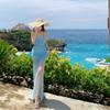 Lotus Leaf Collar Backless Strap Blue Suspender Skirt Sexy Split Mesh Dress Seaside Vacation Beach Skirt