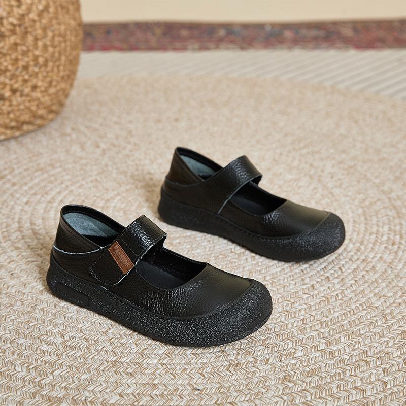 First layer cowhide retro Mary Jane shoes women's shoes 2025 Korean version Velcro flat casual shoes genuine leather mother shoes