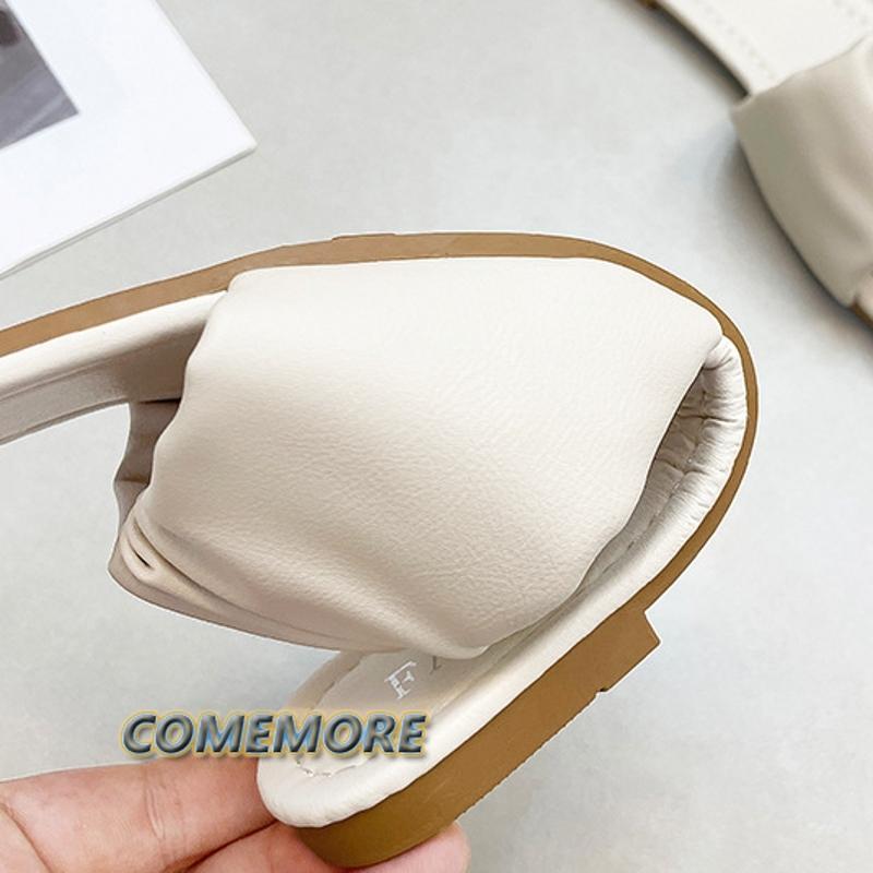 Woman Flat Slides Slippers Summer 2024 Stylish Square Head Pleated Sandals for Women Casual Flip Flops Solid Color Shoes Fashion