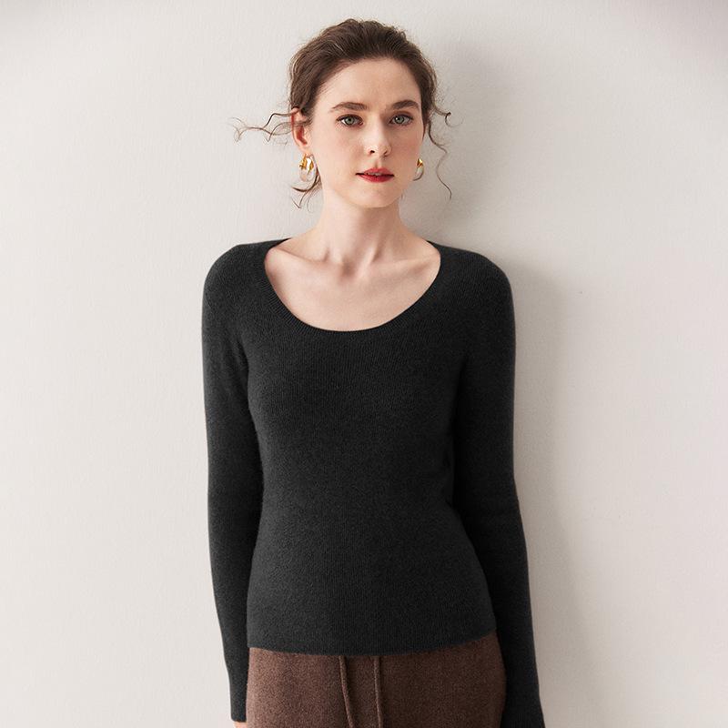 Dames kasjmier trui met U-hals - Geribbelde gebreide slankmakende basislaag voor Herfst/Winter