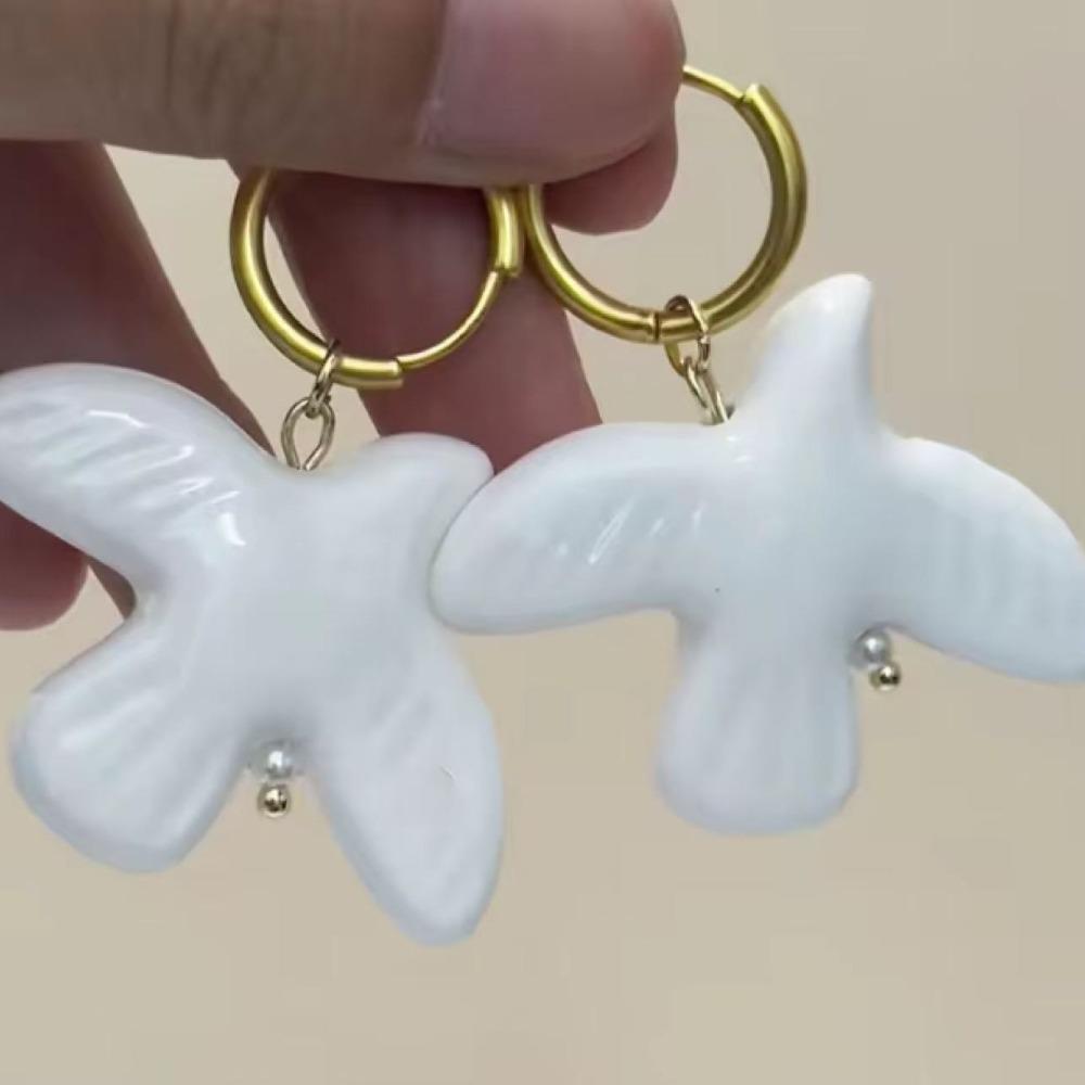 1pair Ceramic Earring  White Peace Dove   Earrings for Women Vintage Metal Geometric Round Ear Hoop Jewelry Gift