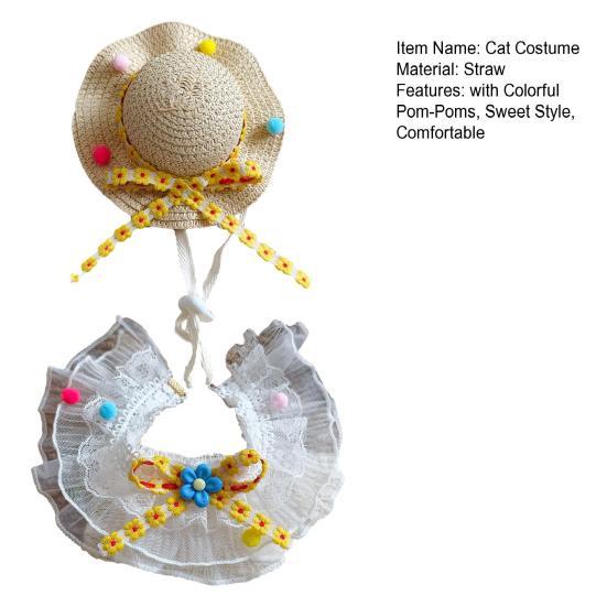 1 Set Cute Flower Cat Outfit Straw Sun Hat And Lace Ruffled Cat Bandana Bib Sweet Pet Accessory with Colorful Pom-Poms for Cats Dogs Photos Parties