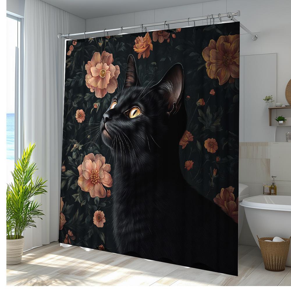1Pc Elegant Black Cat Floral Shower Curtain - Botanical Forest Design With Vibrant Orange Pink Flowers, Polyester Fabric Bathroo