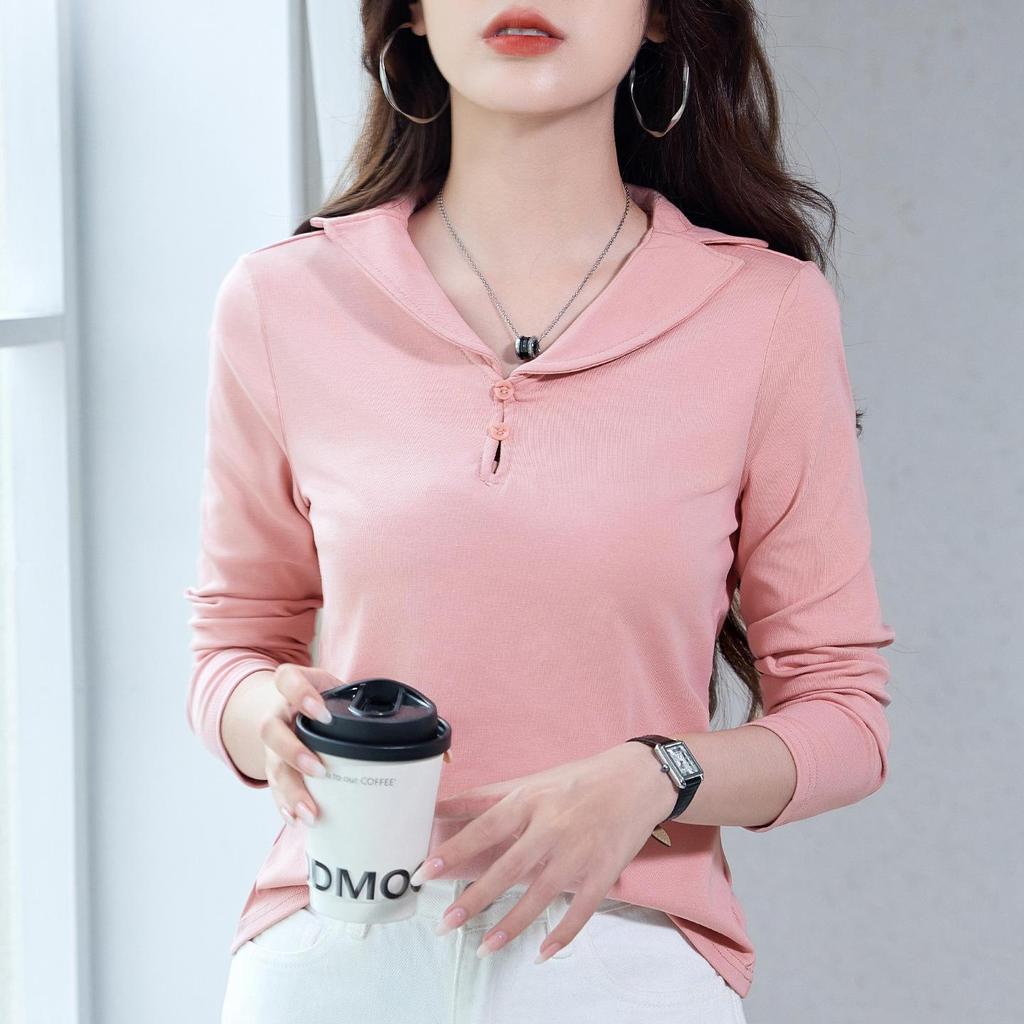 Women's Slimming Long Sleeve Turn-Down Collar T-Shirt - New Autumn Versatile Fashion Top 2025