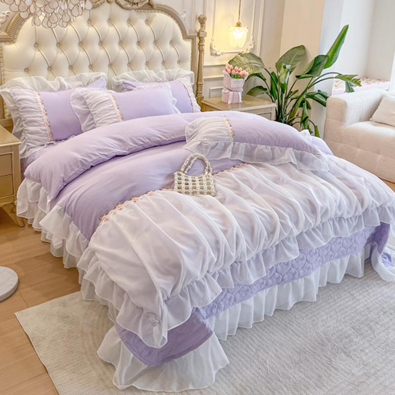 Light Luxury French Chiffon Side Bed Set Four-piece Set Washed Skin-friendly Breathable Bed Sheet Quilt Cover Pillowcase