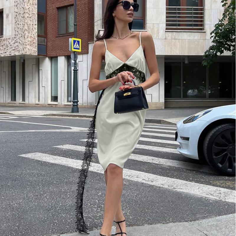 Sexy V-Neck Strap Dress With Lace Detailing And Flowing Ribbons, Stylish And Unique Long Dress For Women