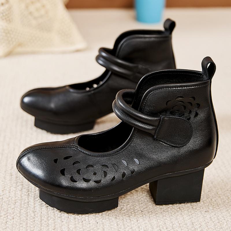 GKTINOO New Women Summer Sandals Breathable Hollow Thick High Heel Casual Shoes genuine Leather Retro Short Boots