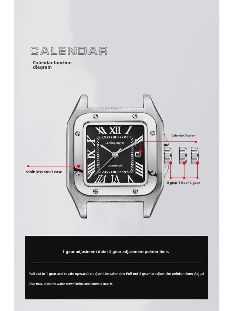 Hollow Stripes Santos Men's Automatic Mechanical Watch - Large Dial, Waterproof